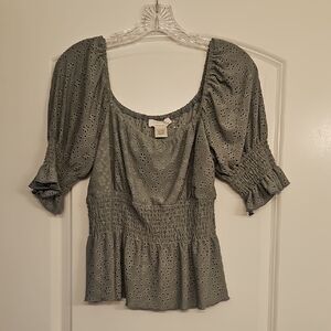 Smocked Eyelet Peasant Top - Light Sage Green